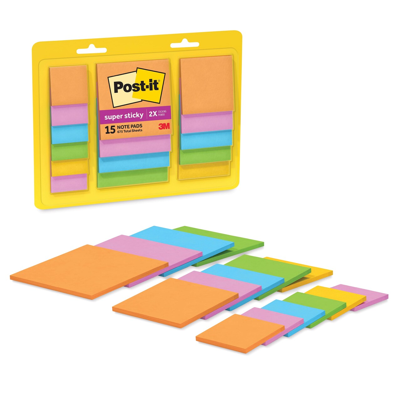 Post-it Super Sticky Notes - Pkg of 15, Assorted Sizes, Energy Boost Collection Assortment